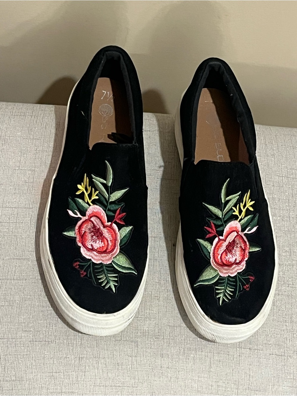 Boho Big Buddha Black Slip-On Sneakers with Pink & Red Floral Embroidery, 7.5